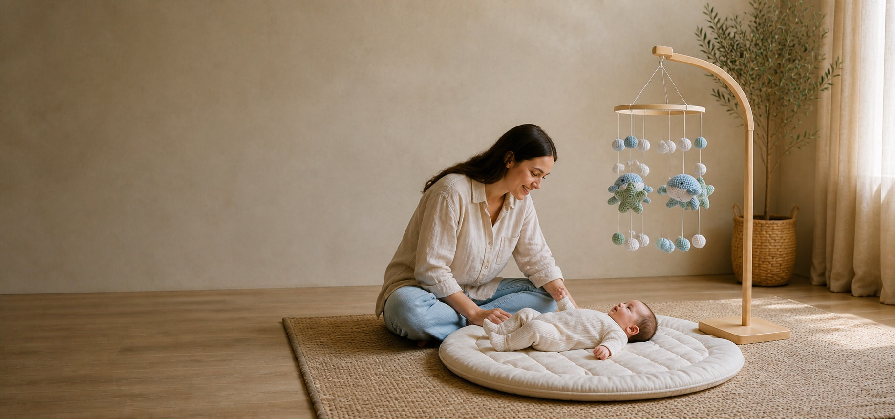 Baby looking towards a whale mobile during supervised floor time