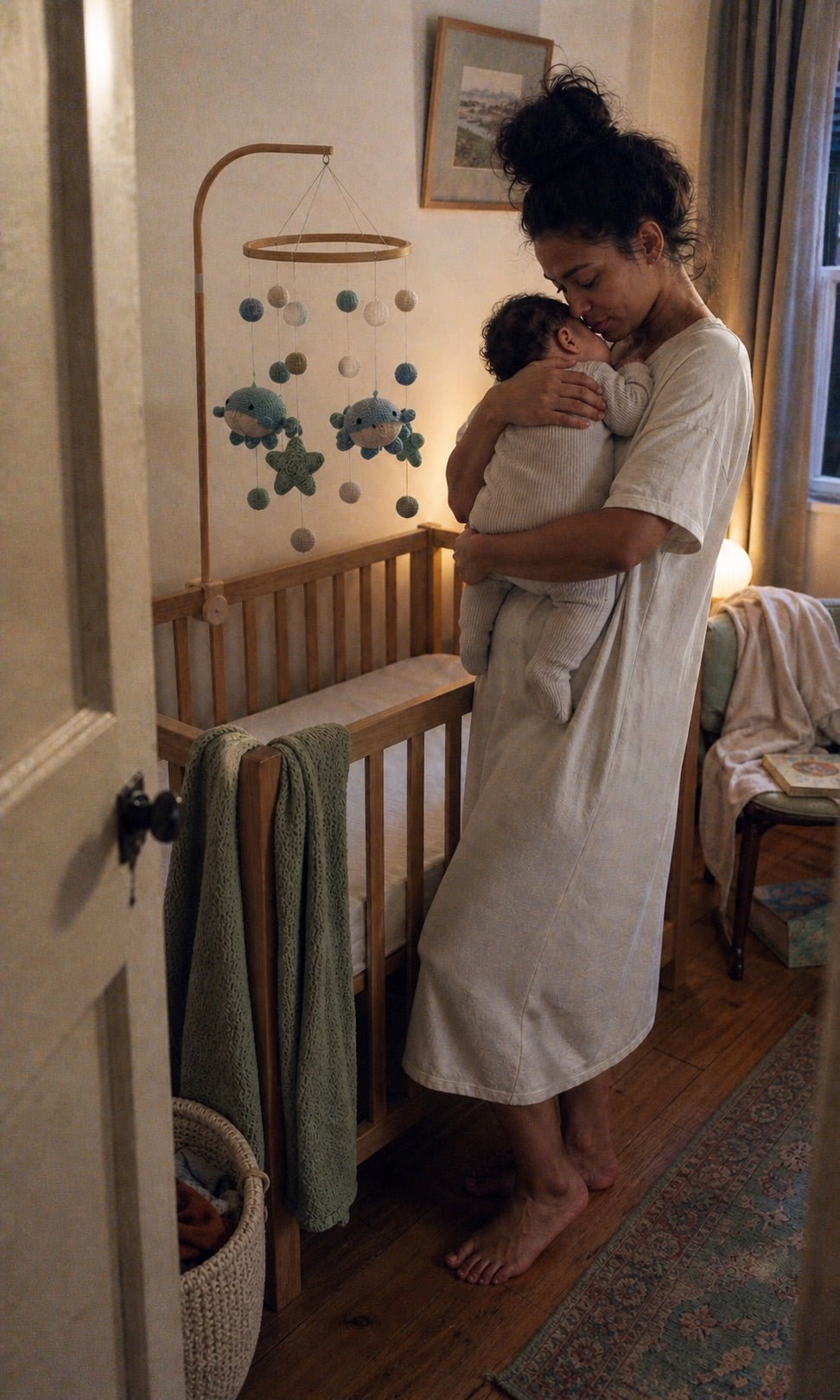 Mother holding her baby beside an oak cot and whale mobile
